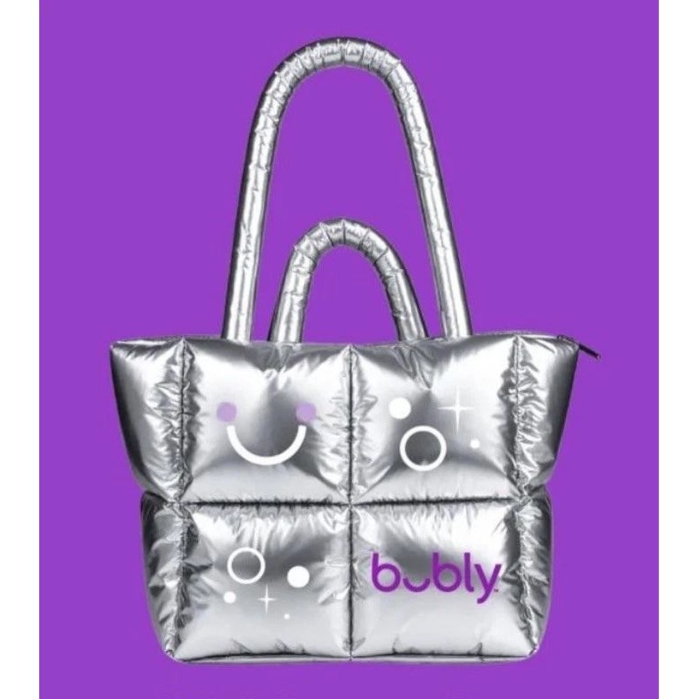 Bubly x Super‎ Mario Galaxy Movie Metallic Silver Puffer Tote Bag Quilted Purple